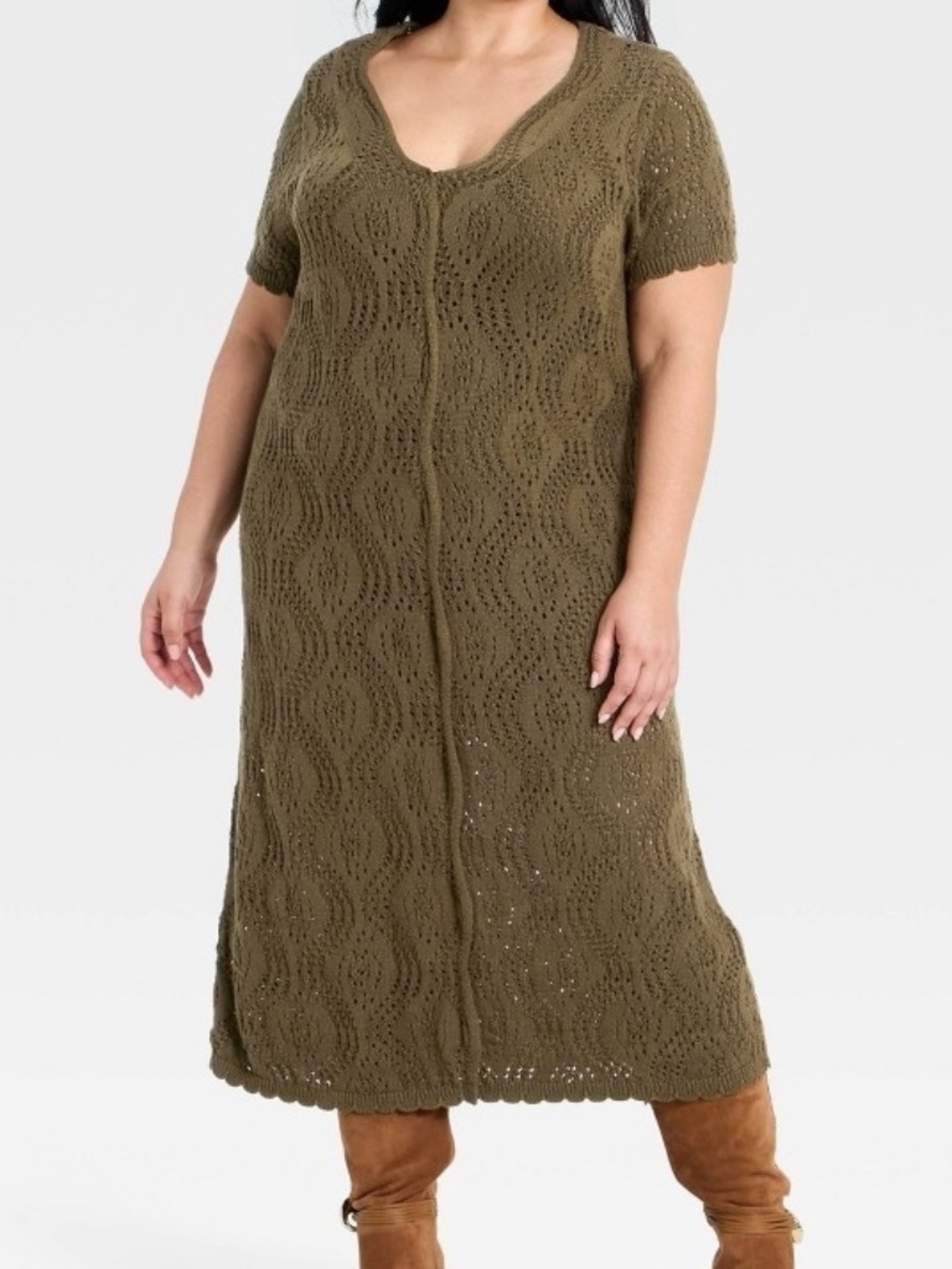 Universal Thread Womens 1X Western Style A-Line Dress Brown Crochet Short Sleeve